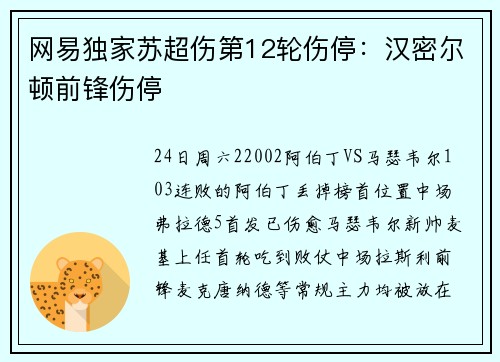 网易独家苏超伤第12轮伤停：汉密尔顿前锋伤停